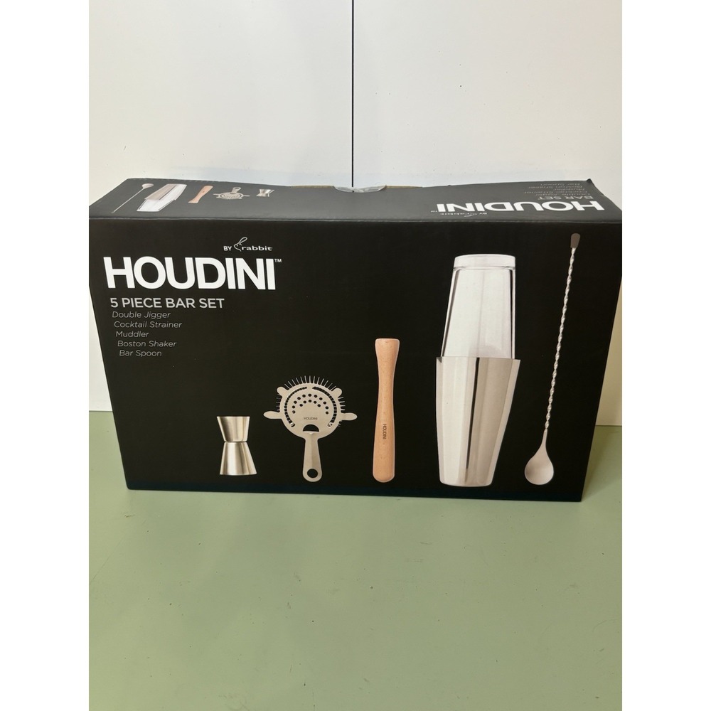Houdini by Rabbit 5-Piece Bar Set, Jigger Strainer Muddler Shaker Spoon, New NIB